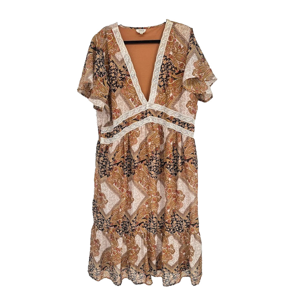 Her Destiny Paisley Patchwork Lace Flutter Sleeve Maxi Dress Size 2X Boho Hippie
